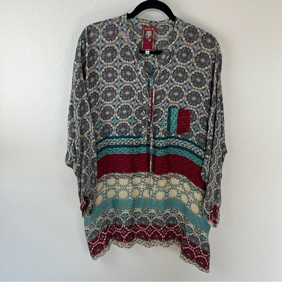 Johnny Was Multicolor Printed Tunic Top Lace Up Front Women's Medium - Picture 1 of 14